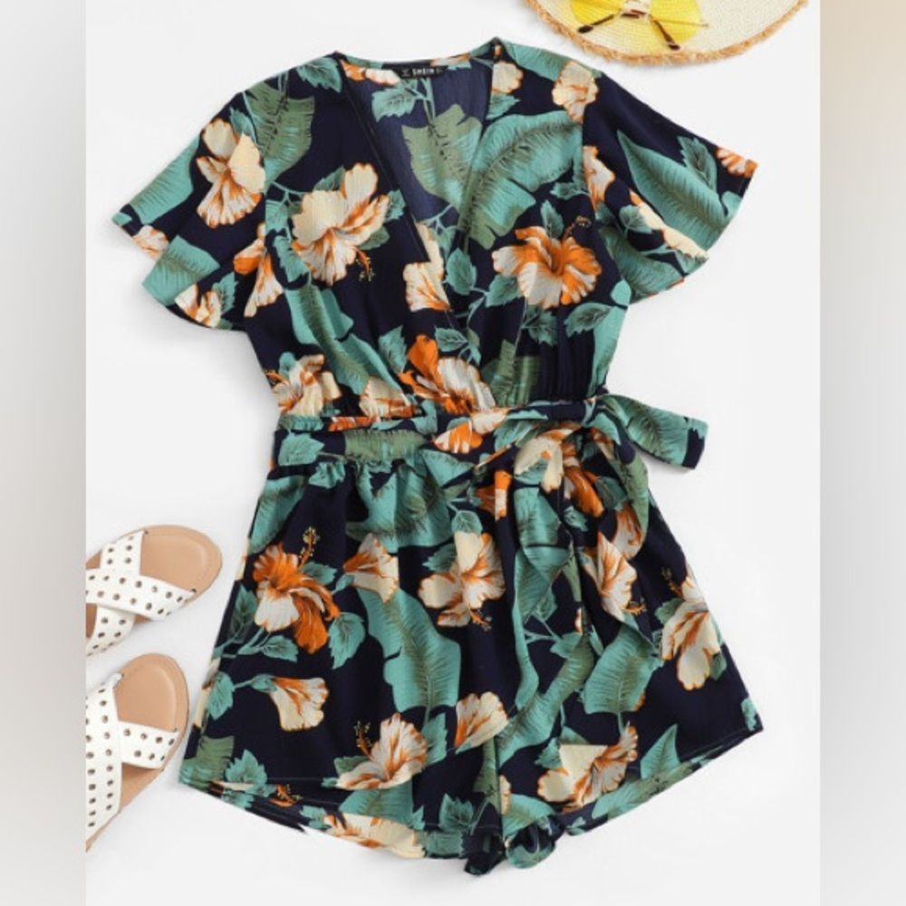 SHEIN Palm Leaf Print Surplice Romper Size Small